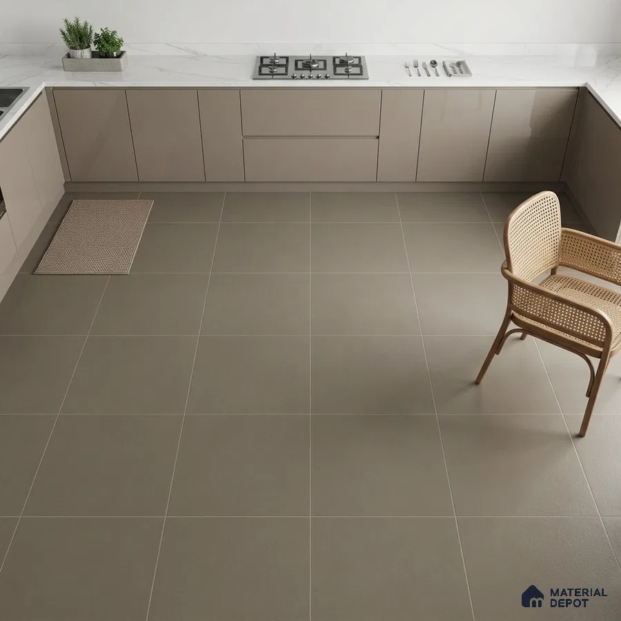 Modern kitchen with taupe high gloss laminate cabinets, white marble-look quartz countertop, and matte taupe floor tiles