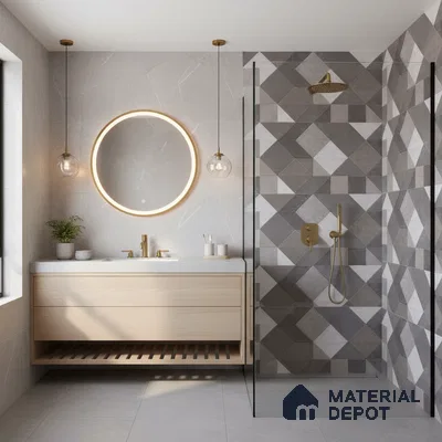 Modern bathroom with geometric grey wall tiles, light wood vanity, and matte grey floor tiles