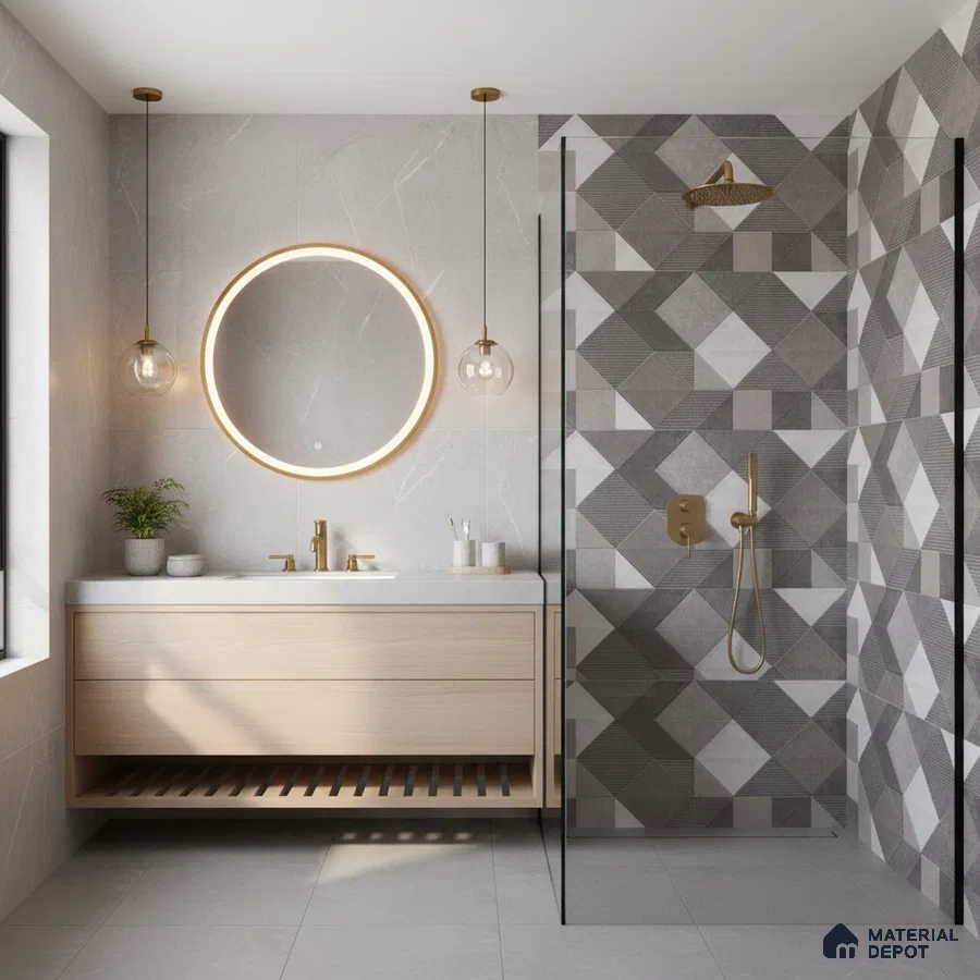 Modern bathroom with geometric grey wall tiles, light wood vanity, and matte grey floor tiles