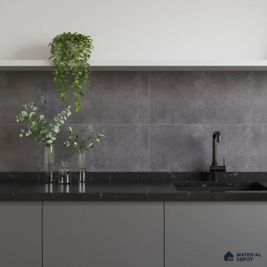 Minimalist kitchen with matte grey laminate cabinets, black marble countertop, and grey stone wall tiles