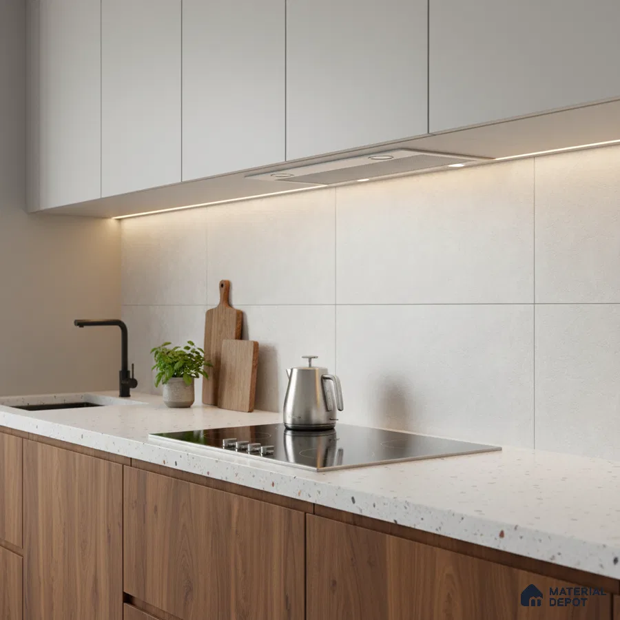 Minimalist kitchen with walnut wood laminate base cabinets and terrazzo quartz countertop