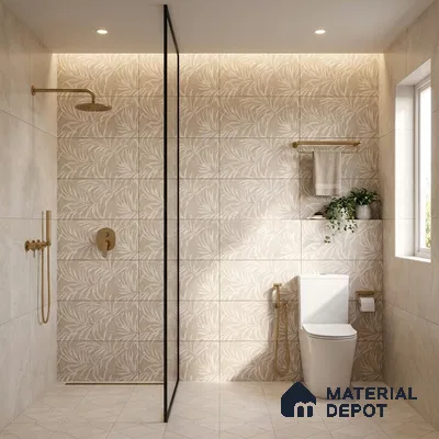 Modern bathroom with beige floral patterned wall tiles and matte beige floor tiles