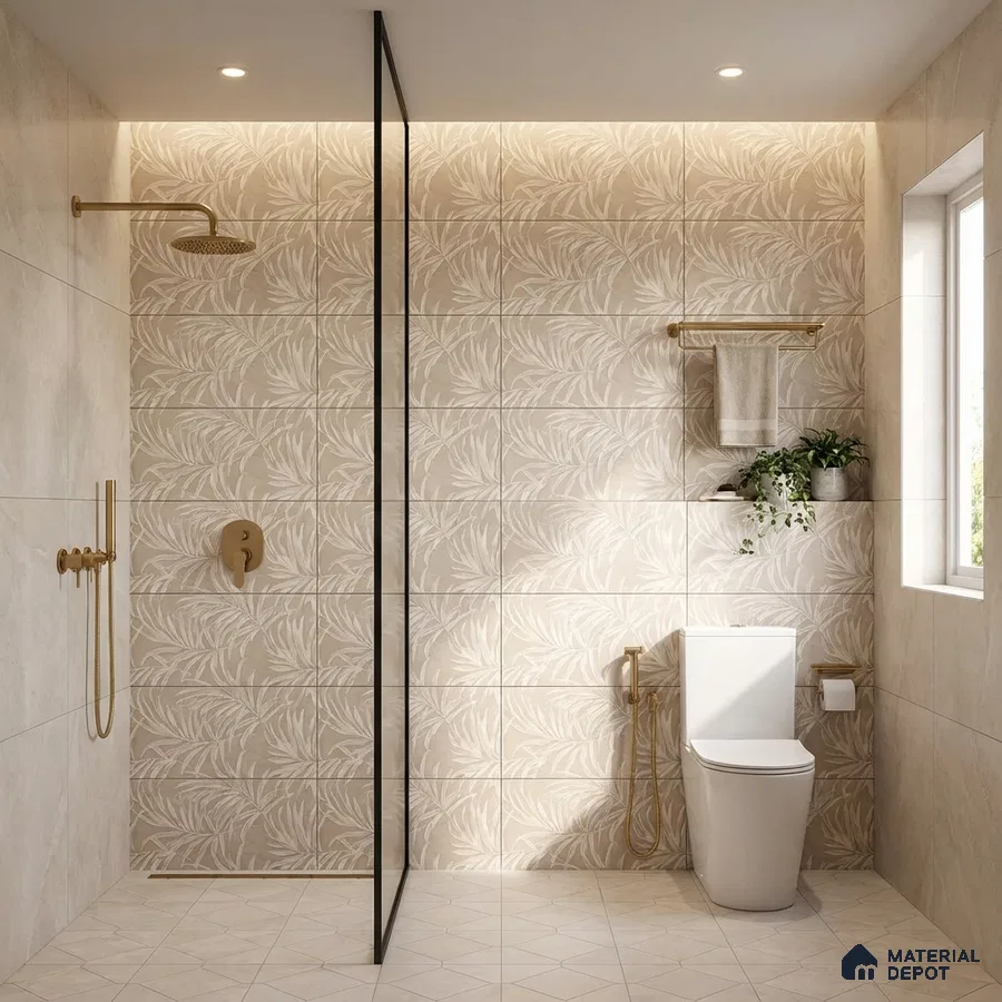 Modern bathroom with beige floral patterned wall tiles and matte beige floor tiles