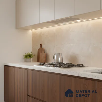Modern kitchen with walnut brown laminate, frosty white laminate, and beige marble-look backsplash tile