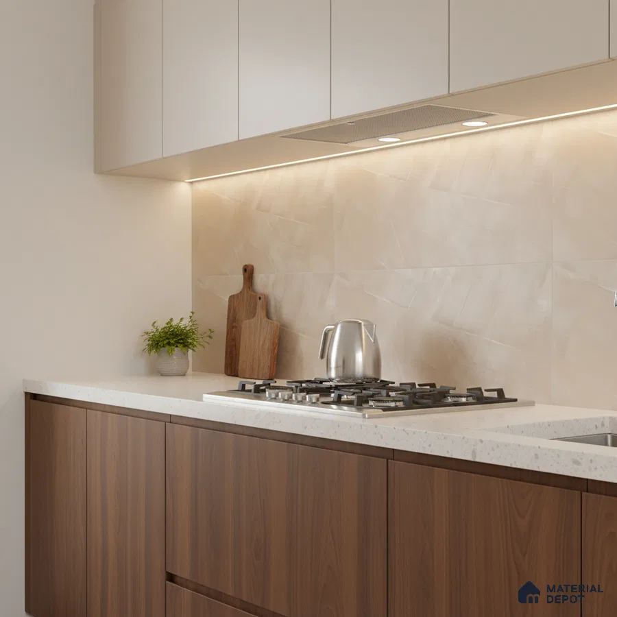 Modern kitchen with walnut brown laminate, frosty white laminate, and beige marble-look backsplash tile