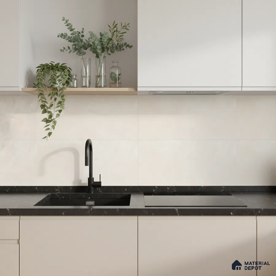 Minimalist kitchen with frosty white laminate cabinets, black marble countertop, and ivory marble-look backsplash tile