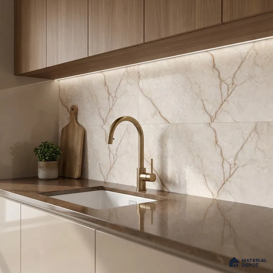 Modern kitchen with beige marble-look backsplash tile, brown quartz countertop, and light oak laminate cabinets