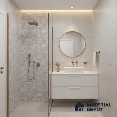 Minimalist bathroom with geometric patterned shower tiles and matte beige wall tiles