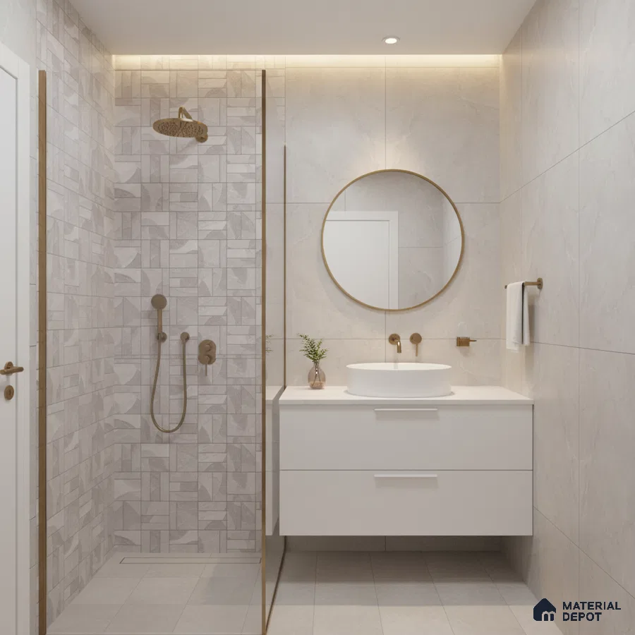 Minimalist bathroom with geometric patterned shower tiles and matte beige wall tiles