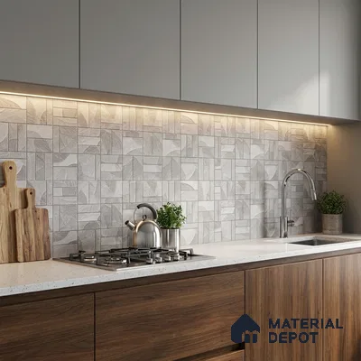 Modern kitchen with grey geometric backsplash tile, walnut wood laminate base cabinets, and white quartz countertop