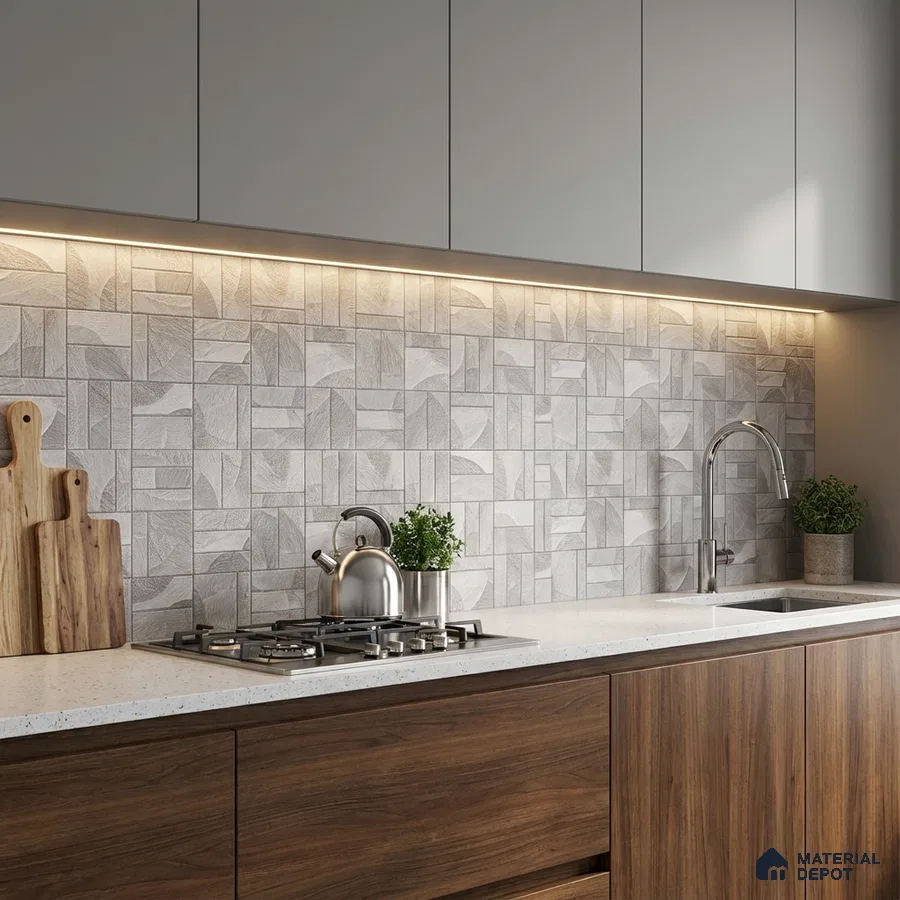 Modern kitchen with grey geometric backsplash tile, walnut wood laminate base cabinets, and white quartz countertop