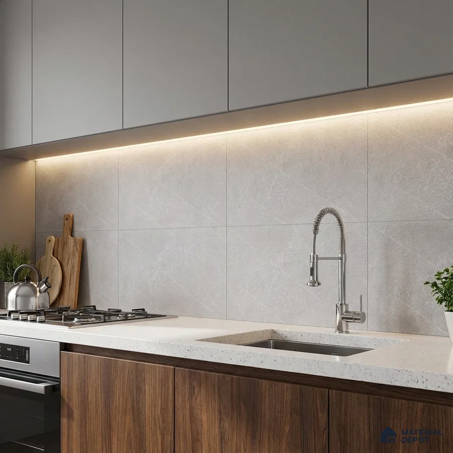 Modern kitchen with grey laminate cabinets, white quartz countertop, and walnut wood laminate base units