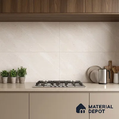 Modern kitchen with beige quartz countertop, taupe laminate cabinets, and walnut wood laminate overheads