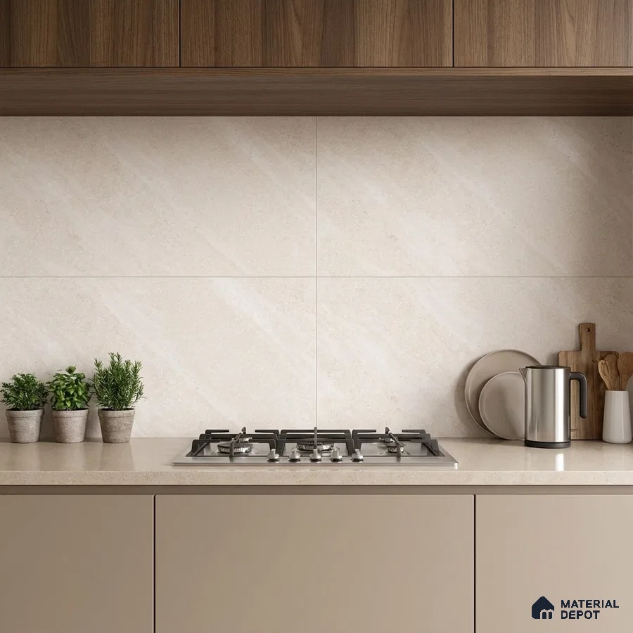 Modern kitchen with beige quartz countertop, taupe laminate cabinets, and walnut wood laminate overheads