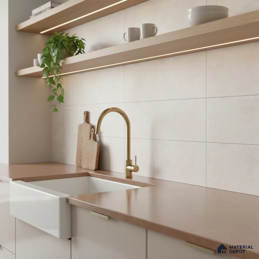 Scandinavian kitchen with light wood open shelves, beige backsplash tile, and brown stone countertop