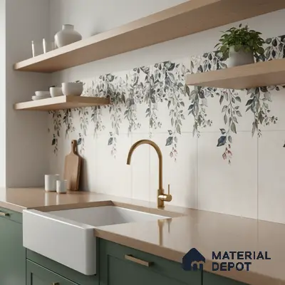 Modern kitchen with sage green laminate cabinets, floral patterned backsplash tiles, and beige quartz countertop