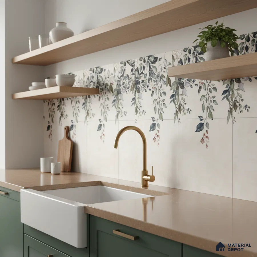 Modern kitchen with sage green laminate cabinets, floral patterned backsplash tiles, and beige quartz countertop