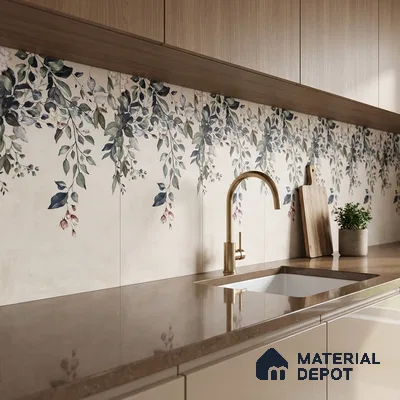 Modern kitchen with floral patterned backsplash tile, beige quartz countertop, and light wood laminate cabinets