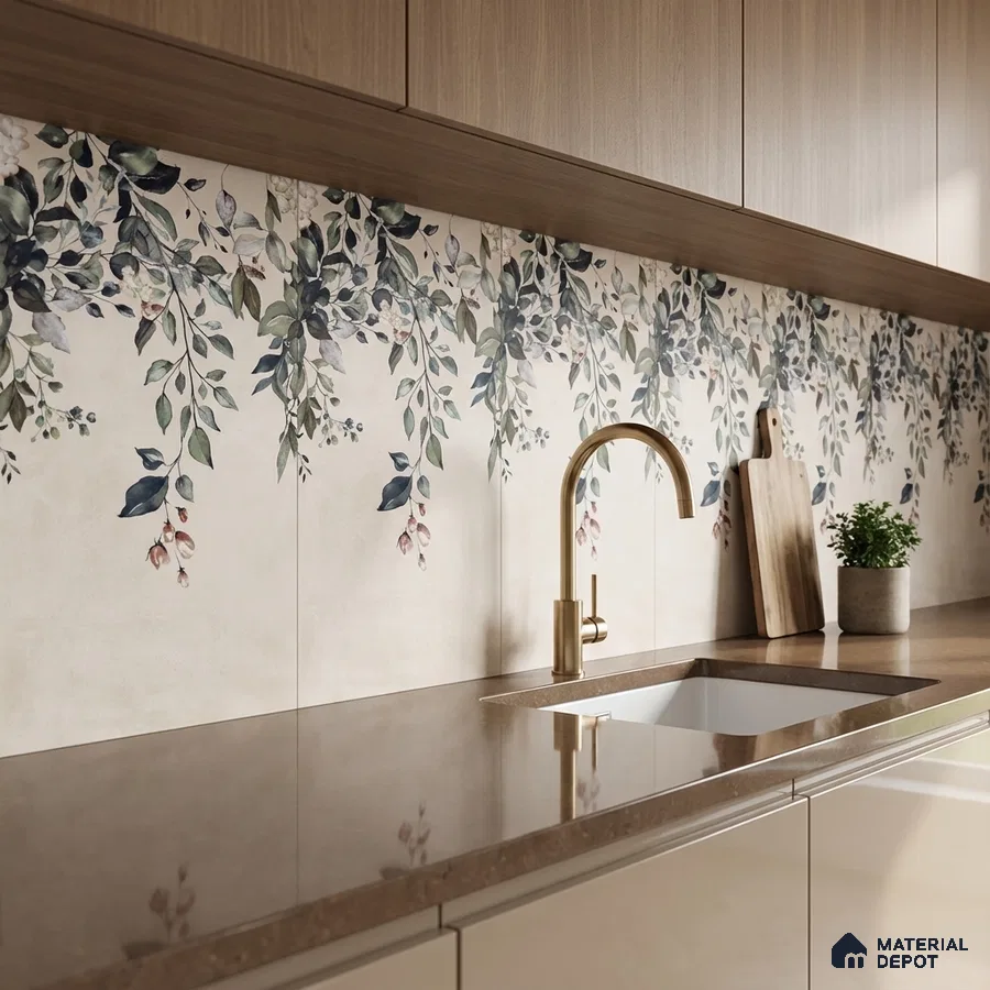 Modern kitchen with floral patterned backsplash tile, beige quartz countertop, and light wood laminate cabinets