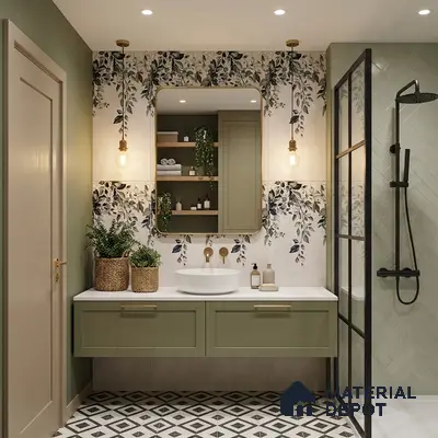 Modern bathroom with sage green vanity, floral patterned wall tiles, and geometric black-and-white floor tiles
