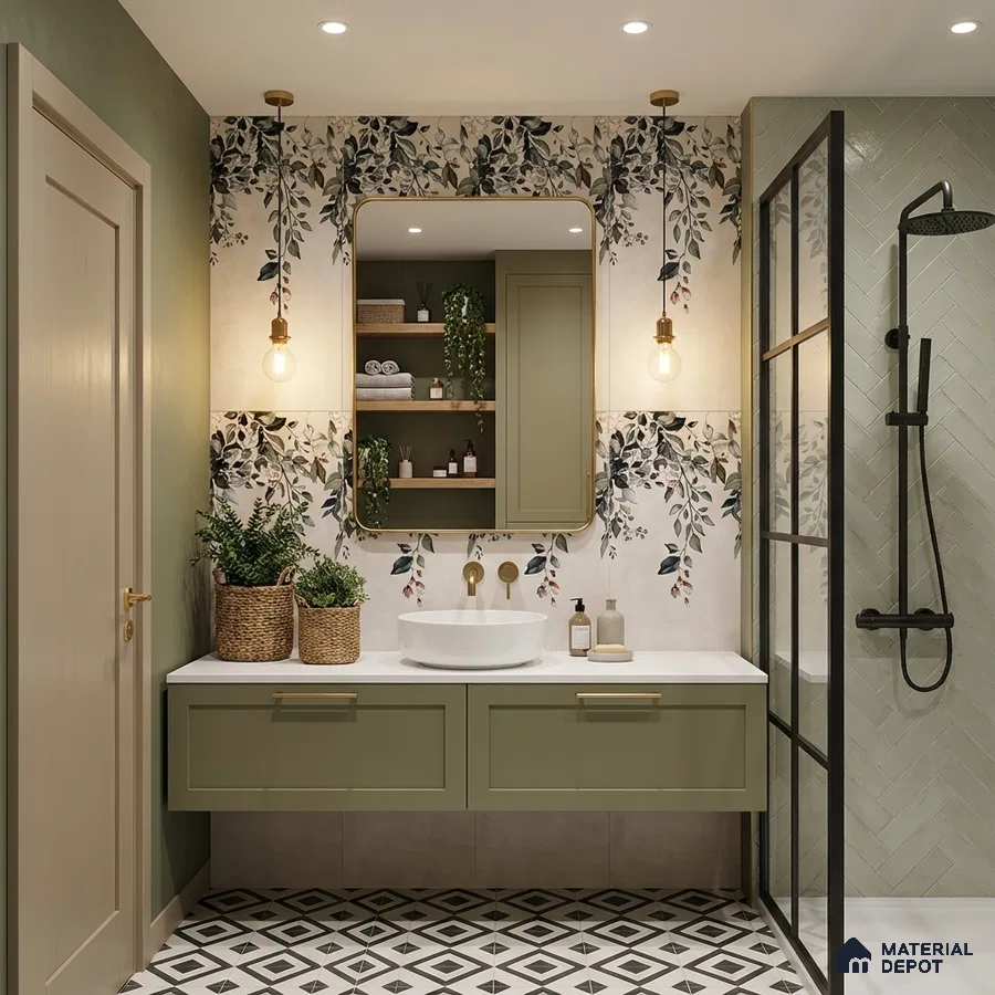 Modern bathroom with sage green vanity, floral patterned wall tiles, and geometric black-and-white floor tiles