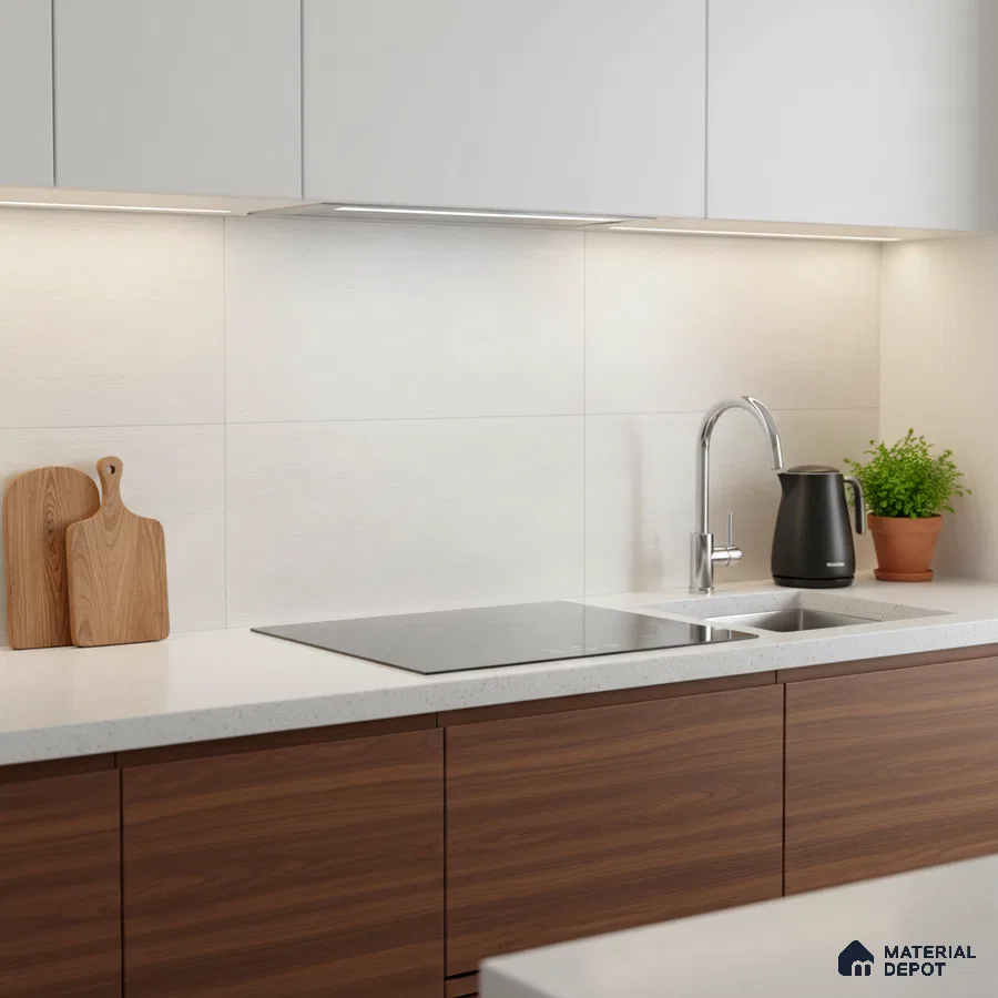 Modern kitchen with walnut brown wood laminate, frosty white laminate, and white quartz countertop