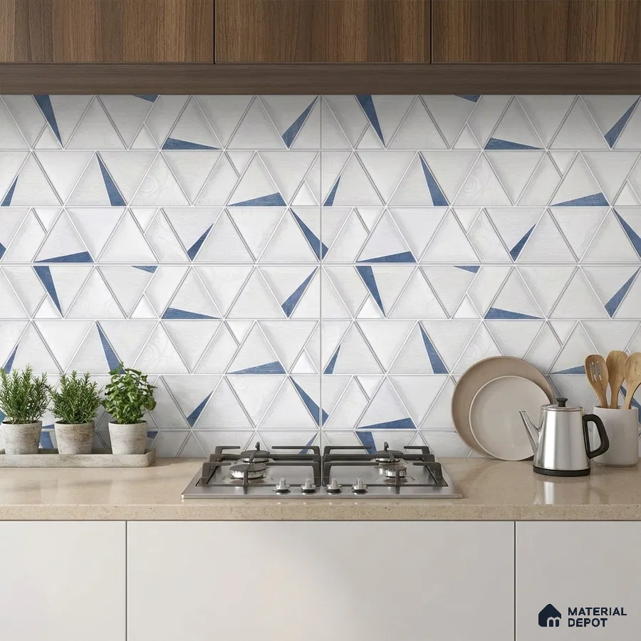Modern kitchen with geometric blue and white backsplash tiles and beige quartz countertop