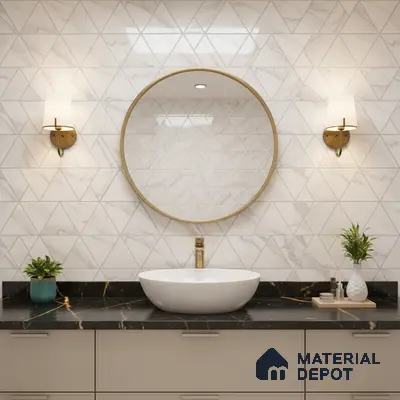 Modern bathroom with geometric marble wall tiles and black quartz countertop