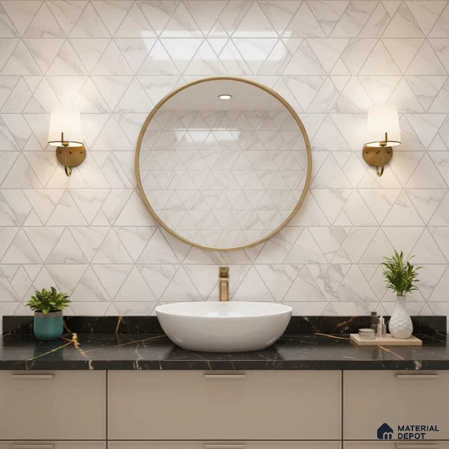 Modern bathroom with geometric marble wall tiles and black quartz countertop