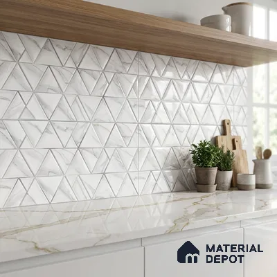 Modern kitchen with geometric marble-look backsplash tile and white marble countertop