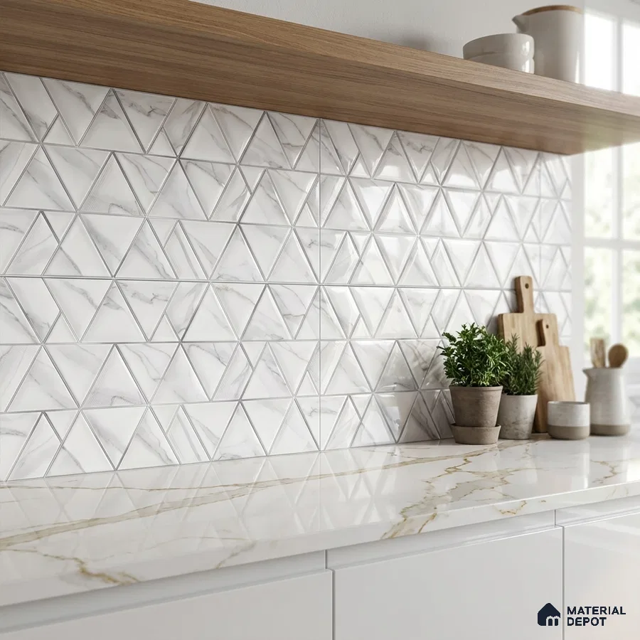 Modern kitchen with geometric marble-look backsplash tile and white marble countertop