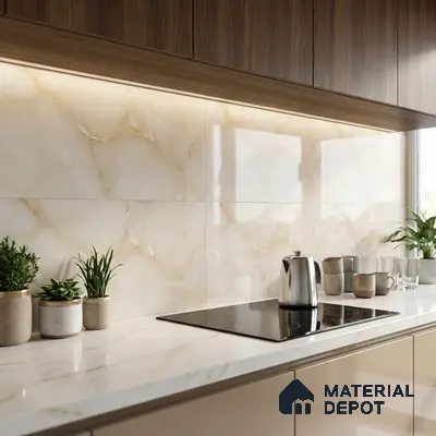 Modern kitchen with walnut laminate cabinets, marble-look backsplash tile, and white marble countertop