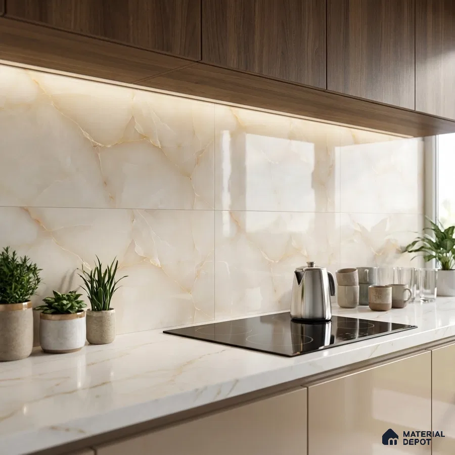 Modern kitchen with walnut laminate cabinets, marble-look backsplash tile, and white marble countertop