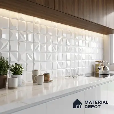 Modern kitchen with 3D geometric white wall tiles, marble-look quartz countertop, and walnut wood laminate cabinets