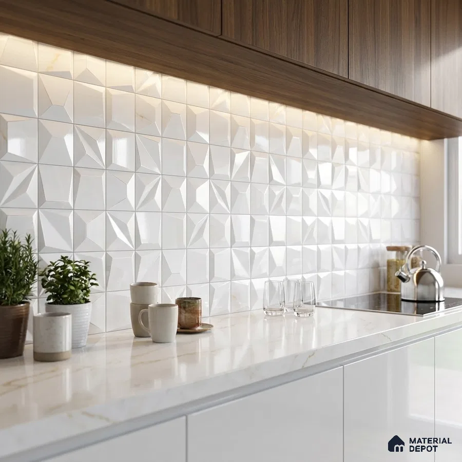 Modern kitchen with 3D geometric white wall tiles, marble-look quartz countertop, and walnut wood laminate cabinets