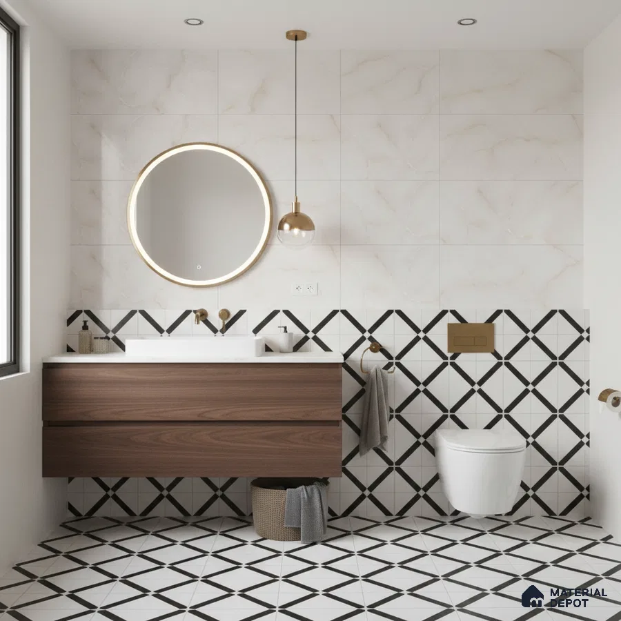 Modern bathroom with marble wall tiles, geometric black-and-white floor tiles, and walnut wood vanity
