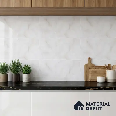 Modern kitchen with white marble-look backsplash tile, black marble countertop, and walnut wood laminate cabinets