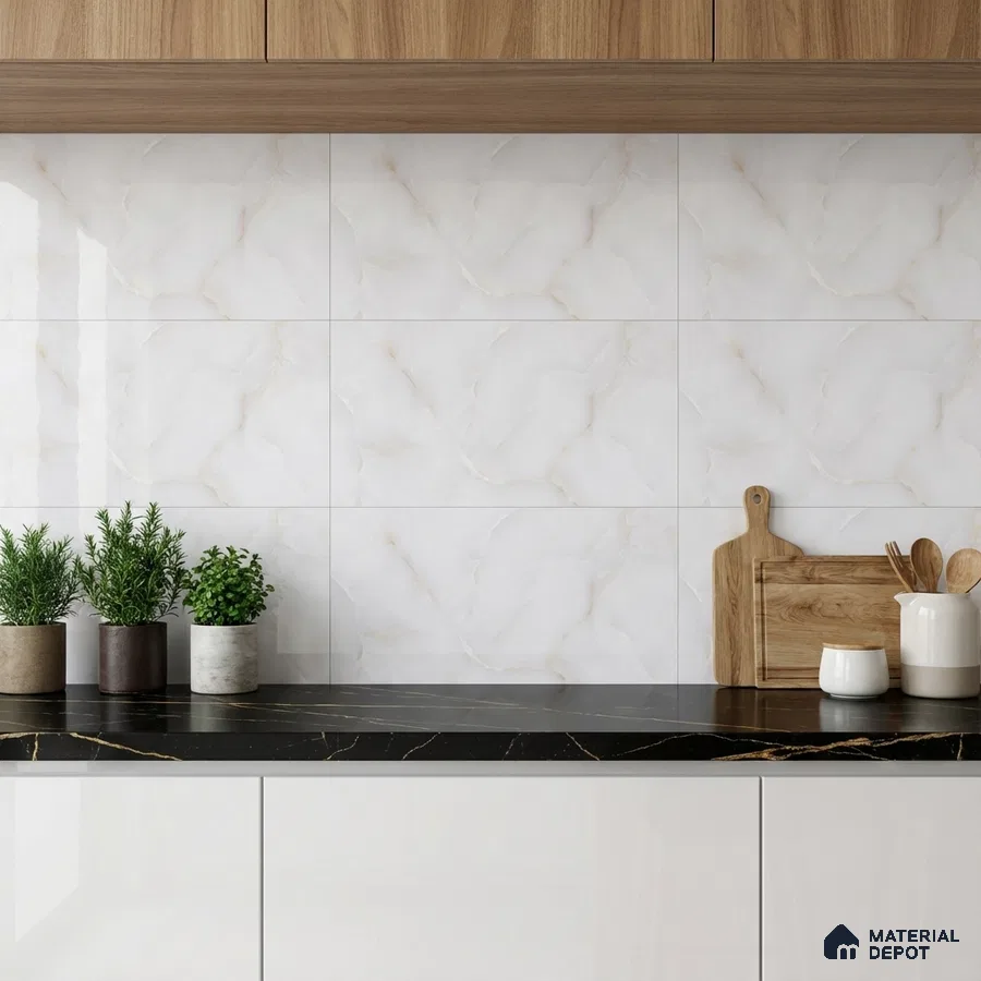 Modern kitchen with white marble-look backsplash tile, black marble countertop, and walnut wood laminate cabinets