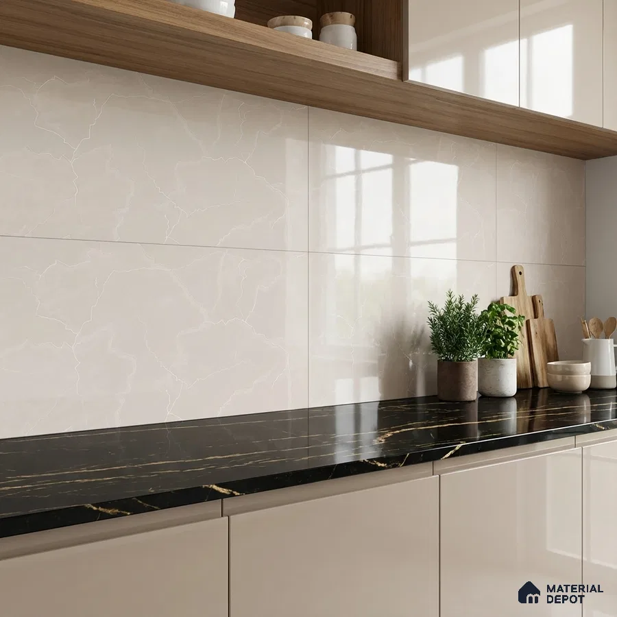 Modern kitchen with beige high gloss laminate cabinets, black marble countertop, and beige marble-look backsplash tile