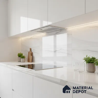 Minimalist kitchen with white marble-look backsplash tile and frosty white laminate cabinets