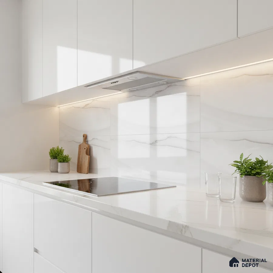 Minimalist kitchen with white marble-look backsplash tile and frosty white laminate cabinets