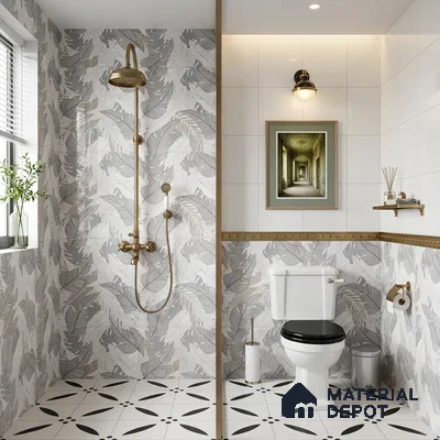 Modern bathroom with leaf-patterned wall tiles and black-and-white geometric floor tiles