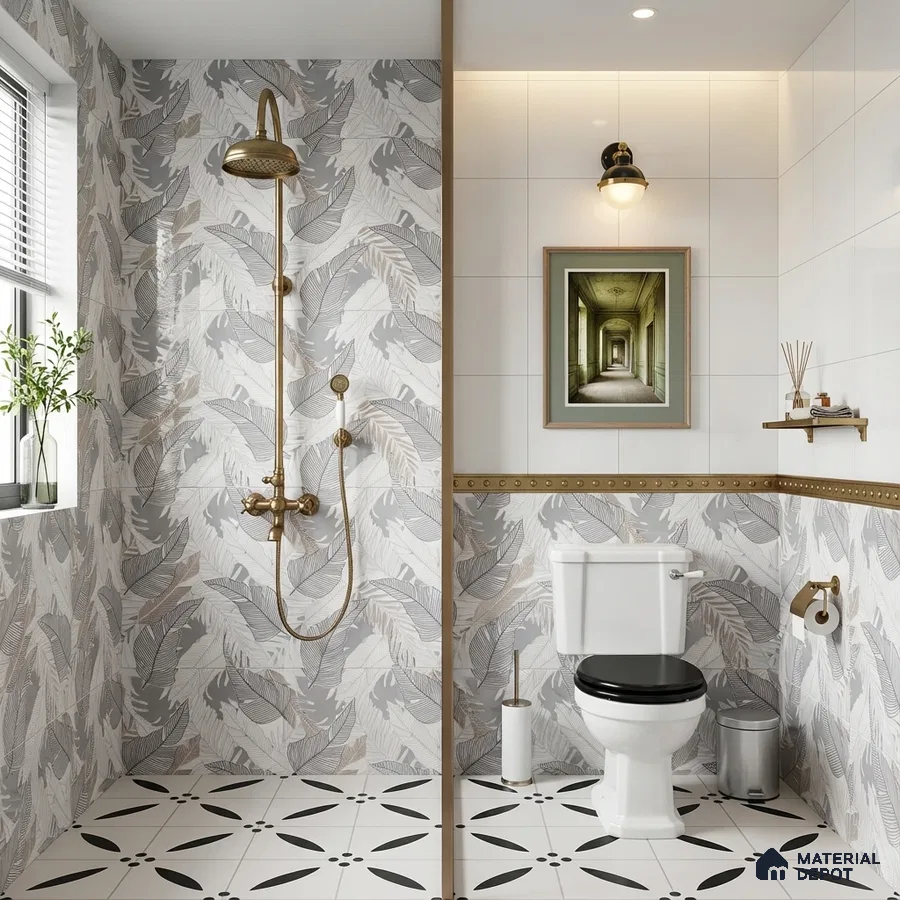 Modern bathroom with leaf-patterned wall tiles and black-and-white geometric floor tiles