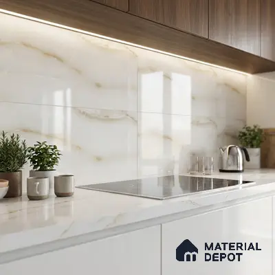 Modern kitchen with white marble-look backsplash tile, white quartz countertop, and walnut wood laminate cabinets