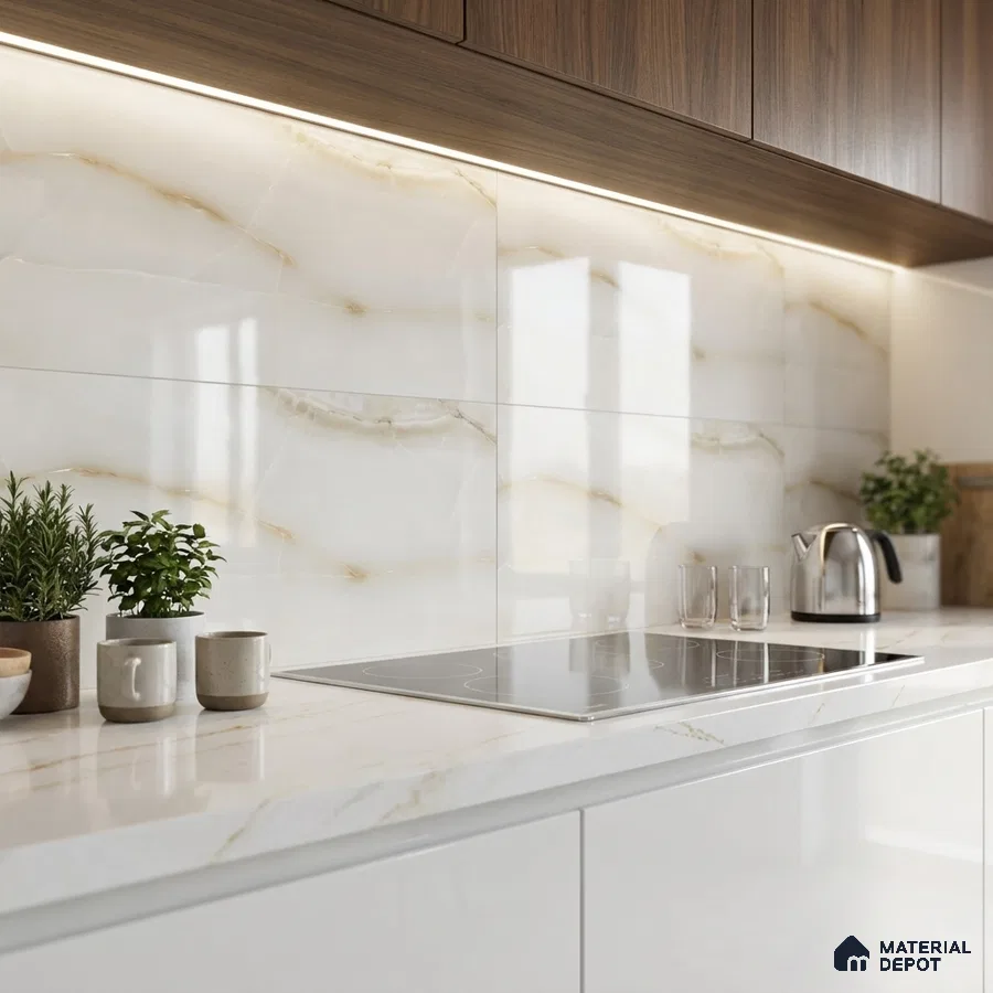 Modern kitchen with white marble-look backsplash tile, white quartz countertop, and walnut wood laminate cabinets