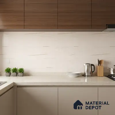 Modern kitchen with walnut wood laminate, beige solid color laminate, and marble-look backsplash tile