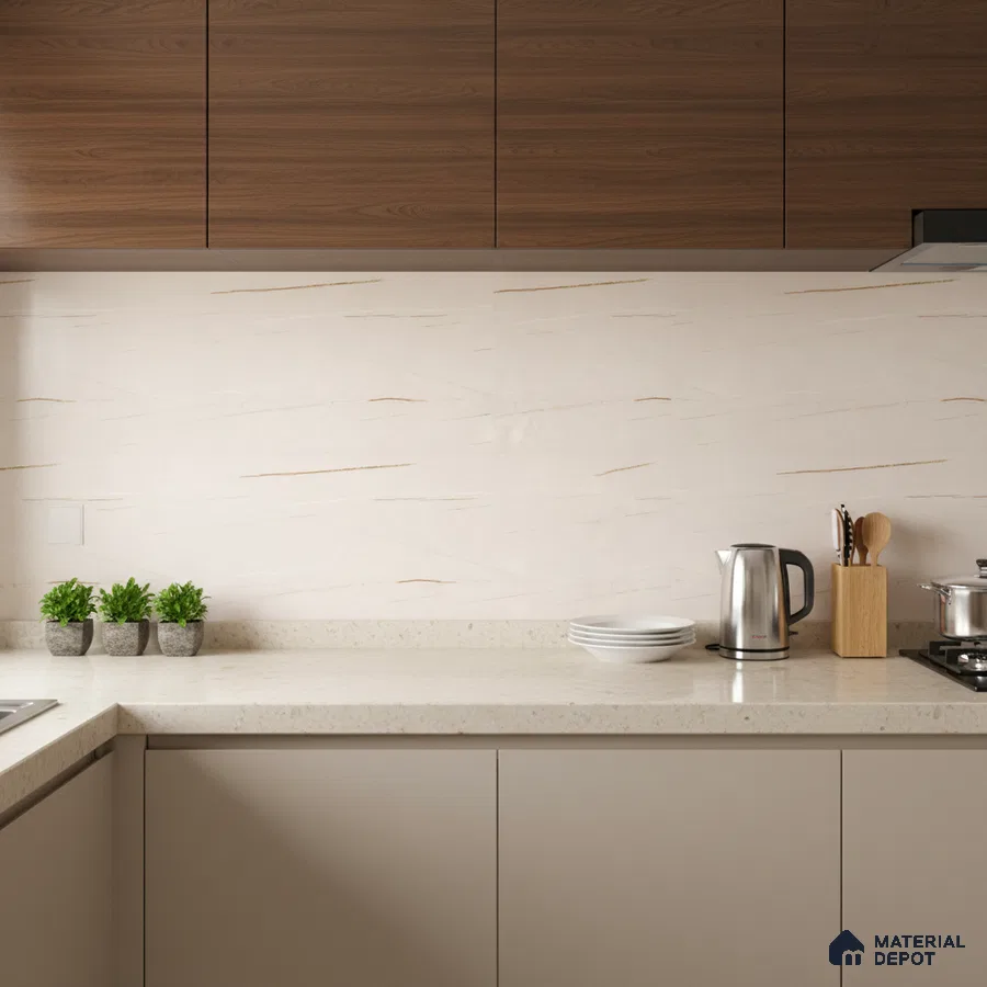 Modern kitchen with walnut wood laminate, beige solid color laminate, and marble-look backsplash tile