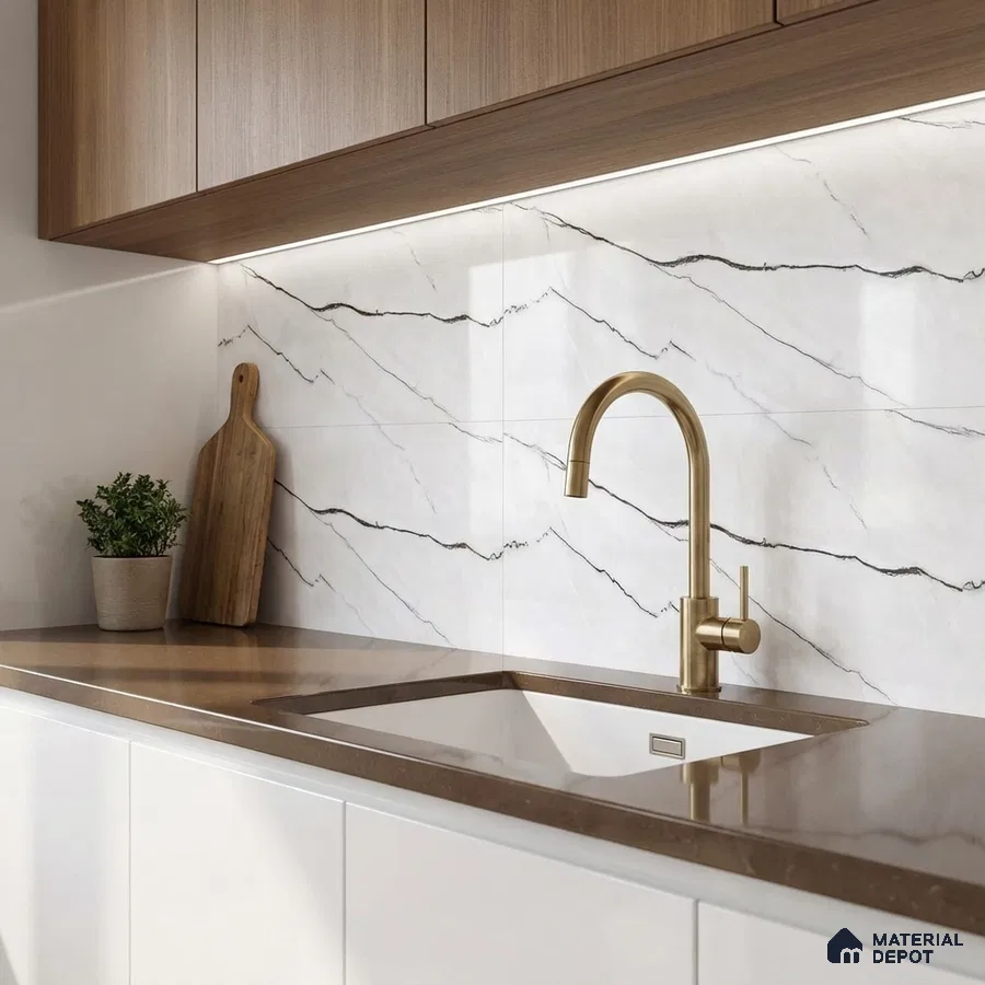 Modern kitchen with brown quartz countertop, white marble-look backsplash tile, and walnut wood laminate cabinets