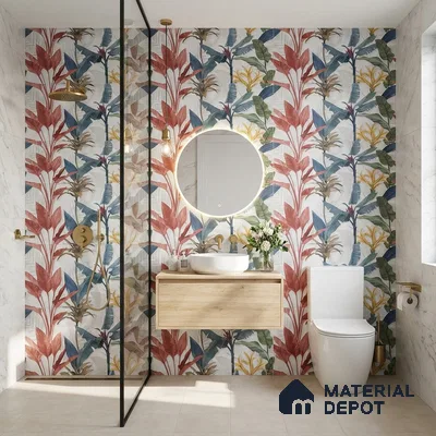 Modern bathroom with tropical floral highlighter wall tiles and light wood floating vanity