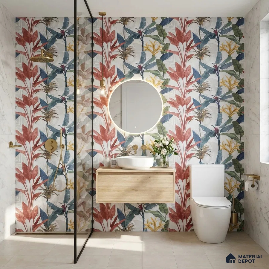 Modern bathroom with tropical floral highlighter wall tiles and light wood floating vanity